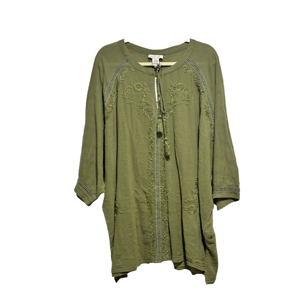 Rachel Zoe Peasant Top 2X Green Embroidered 3/4 Sleeve Boho Cottagecore NEW Line